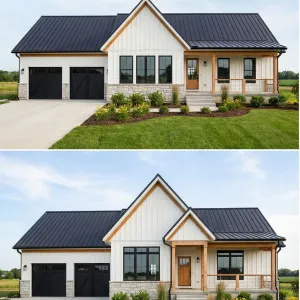 Sunny Porchfront Black Metal Roof Farmhouse