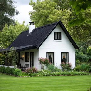 White Cottage Nestled in Lush Greenery