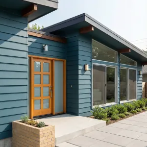 Teal Facade With Warm Grid Door