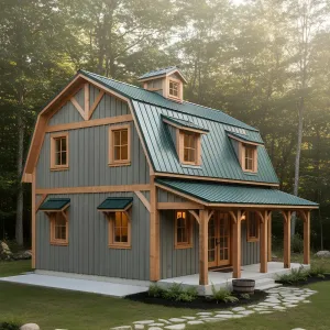 Teal-Roof Timberframe Gambrel Cottage