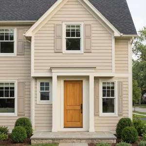 Bright Suburban Entry With Natural Wood Door