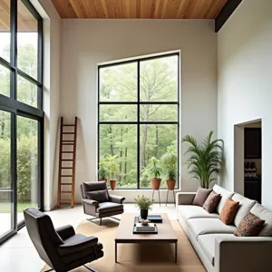 Lofted Living Room with Tall Windows and Wooden Ceiling