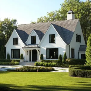 Charming White Cottage Surrounded by Lush Greenery