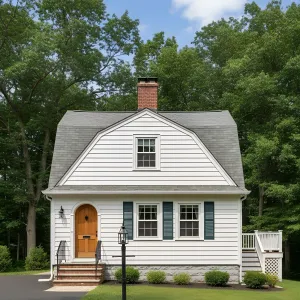 Arched-Entry Gambrel With Teal Shutters