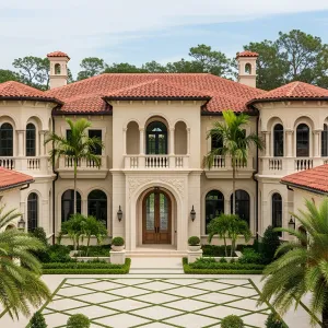 Majestic Mediterranean Palace with Palm-Lined Pathway