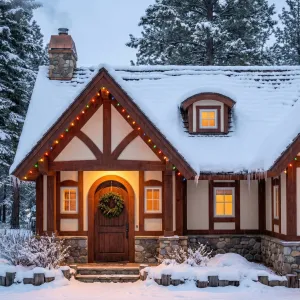 Wreath-Lit Tudor Nest In Snow