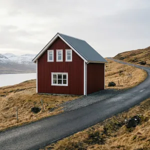 Scarlet Cabin On Winding Fjord Road