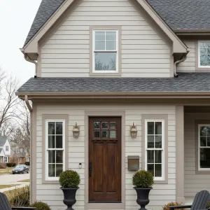 Cozy Cottage Entry With Stately Wood Door
