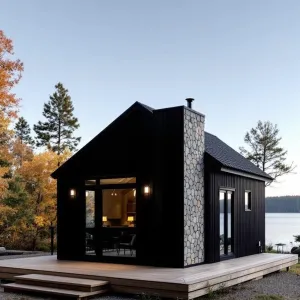 Jet-Black Chalet with Pebble-Flanked Charm