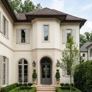 Symmetrical Courtyard With Sculpted Boxwood Approach