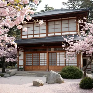 Blossom-Embraced Serene House Among Sakura