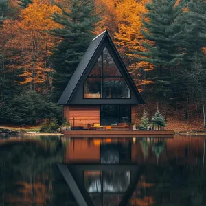 Idyllic A-Frame Cabin Reflected in Tranquil Lake