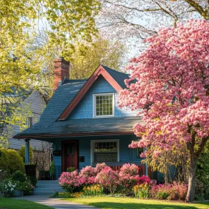 Charming Blue Cottage with Blossoming Trees