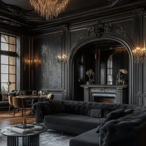 Dark Art Deco Apartment With Geometric Patterns and Rich Navy Blue Upholstery
