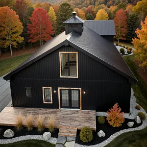 Black Barndominium Amidst Autumn Splendor