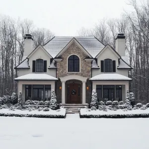 Suburban Stone Chalet Amid Silent Snow