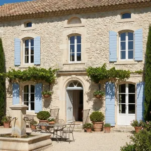 Pastel Shutter Courtyard With Stone Mas