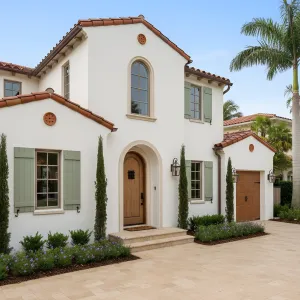 Sage Shutters On Stucco Serenity