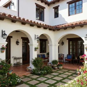 Clay-Tiled Courtyard With Colorful Garden Seating