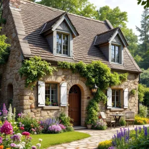 Rustic Stone Cottage with Blossoming Pathway