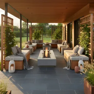 Peaceful Sanctuary with Firelit Pergola