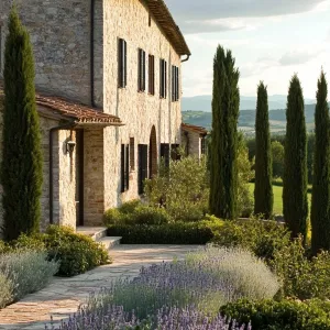 Charming Tuscan Stone House with Cypress-Lined Pathway