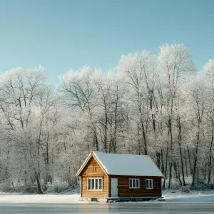 Quaint Cabin on a Frozen Lake