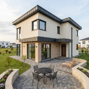 Curved Brick Terrace Around Modern Cube Home