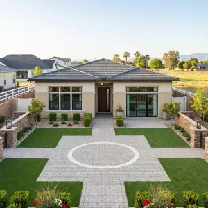 Geometric Brick Courtyard With Framed Greens