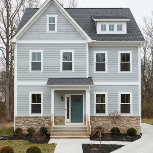 Calm Gray Farmhouse With Blue Welcome