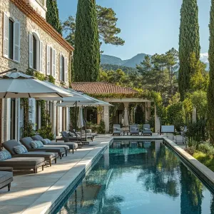 Luxurious Villa with Sparkling Pool and Majestic Cypress Trees