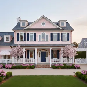 Peony-Pink Colonial With Indigo Shutters
