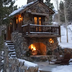 Tiny Mountain Home With a Compact, Cozy Stone Fireplace