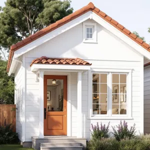 Clay Tile Chic: Sun-Kissed Cottage with Pumpkin Spice Door