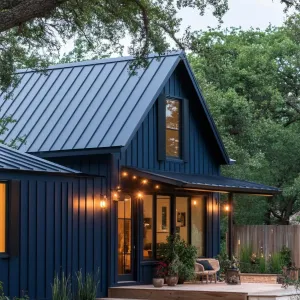 Midnight Blue Panels With Black Corrugated Metal Roof