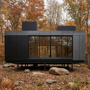Black Box Cabin Among Autumn Trees
