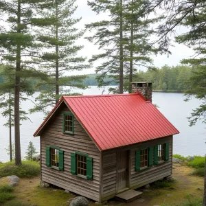 Crimson Rooftop Cabin Among Whispering Pines
