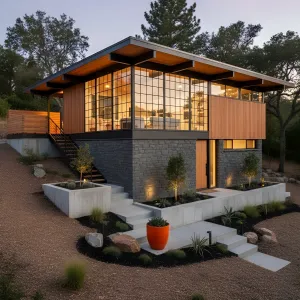 Grid-Glass Pavilion Over Stone Base