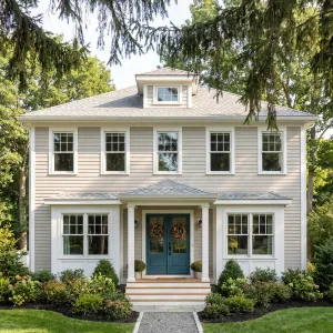Symmetric Porch Cottage With Teal Doors