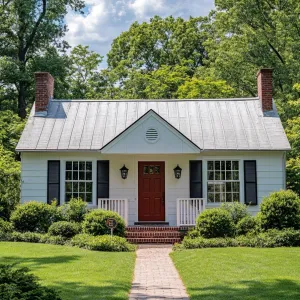 Whimsical White Cottage with a Brick Path