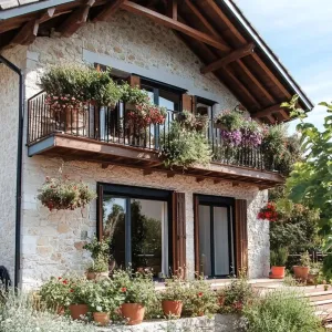 Wrap-around Wooden Balcony With Hanging Flower Pots