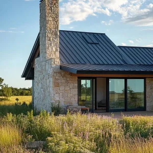 Rustic Stone Chimney With Sleek Metal Roof