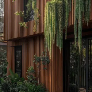 Textured Wooden Slats With Integrated Vertical Greenery