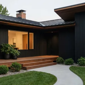 Warm Wood Porch On Black Modern Facade