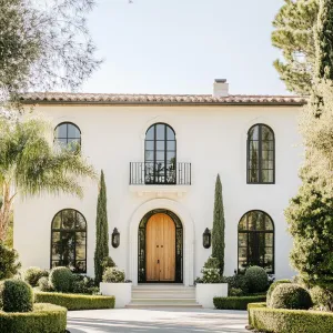 White Villa with Arched Allure and Verdant Hedges