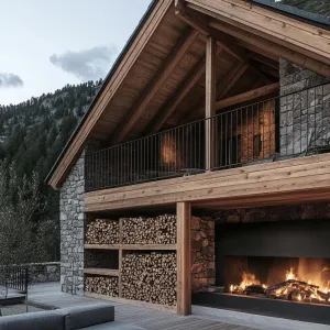 Log House With an Integrated Stone Fireplace and Wood Storage