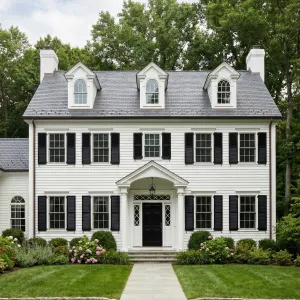 Grand Symmetry White Home With Black Shutters
