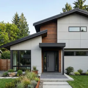 Asymmetrical Grey Nest With Timber Warmth