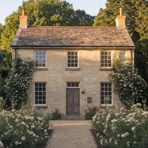 Sunset Glow on a Rose-Adorned Cottage