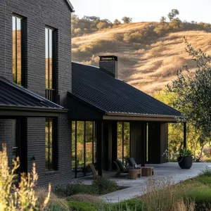 Matte Black Metal Roof With Dark Brick Walls